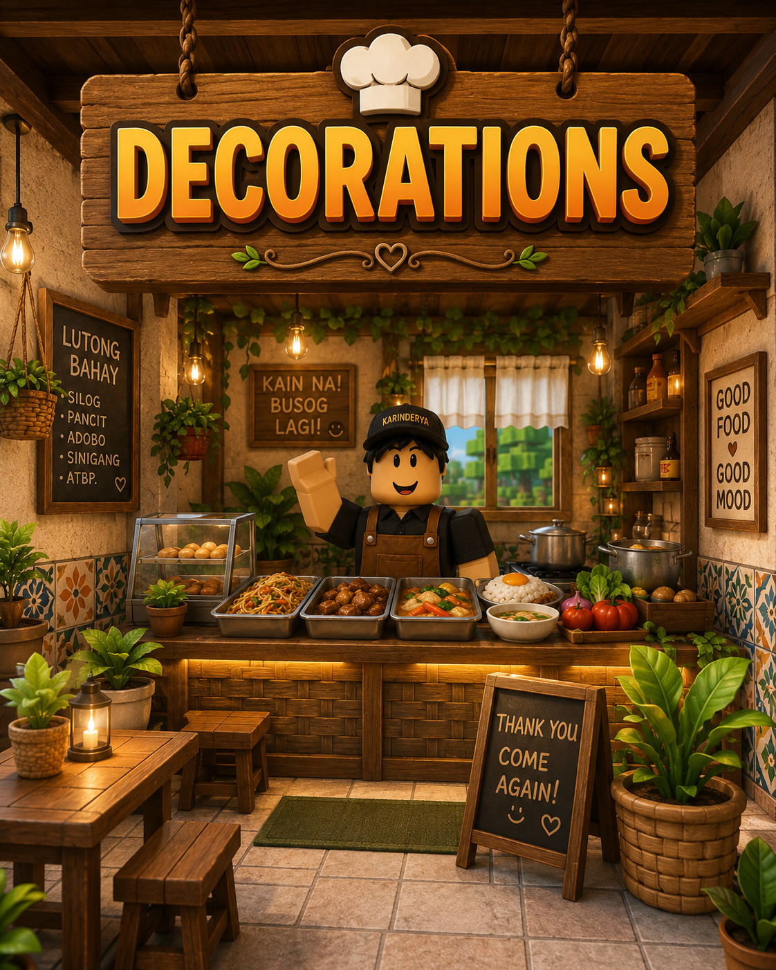 Decorated Karinderya restaurant interior with plants and counters