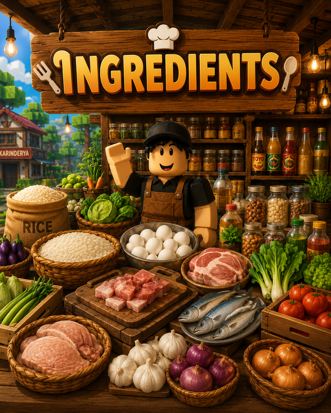 Karinderya character surrounded by documented cooking ingredients