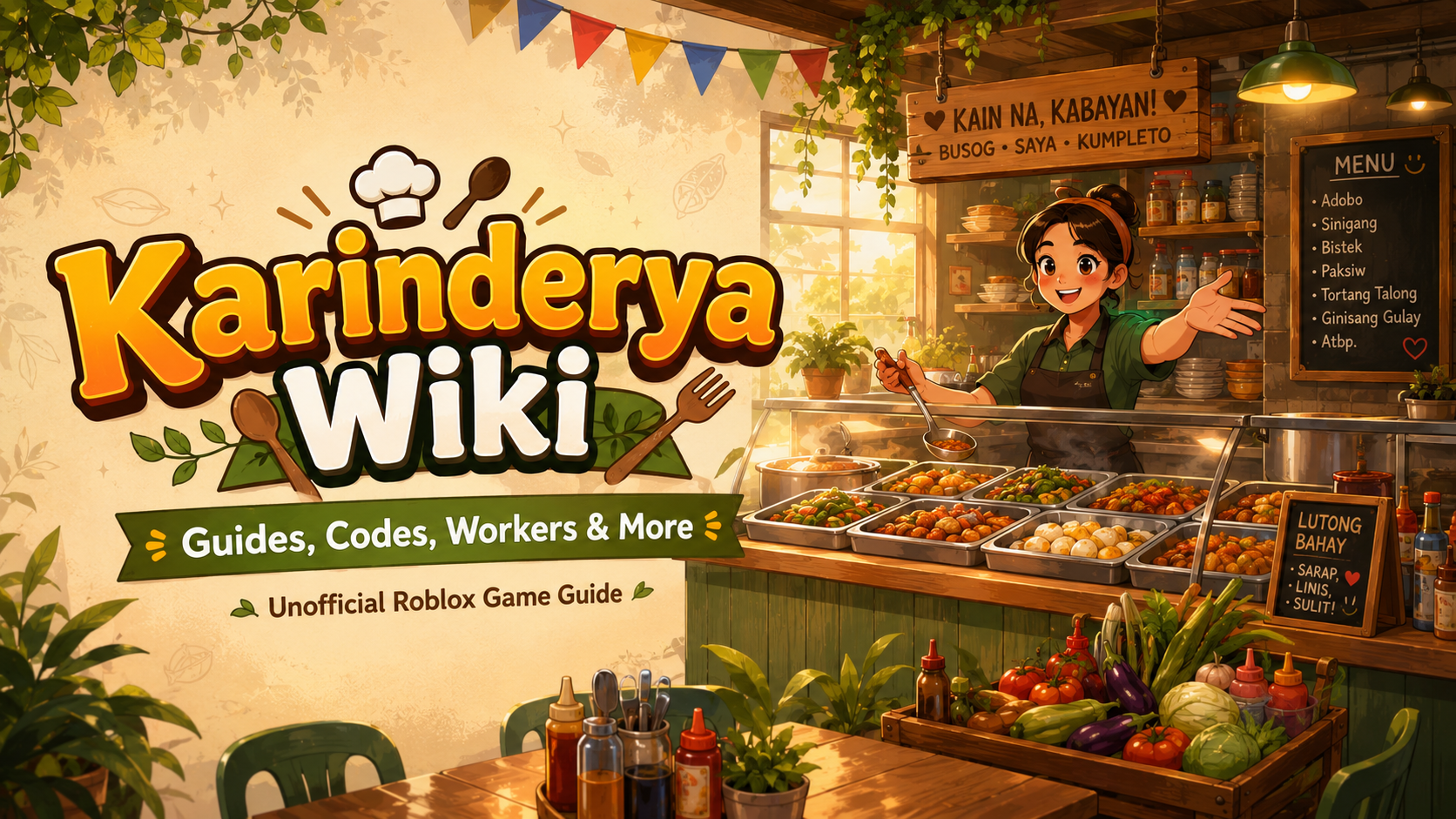 Karinderya restaurant counter with dishes and wiki guide signage