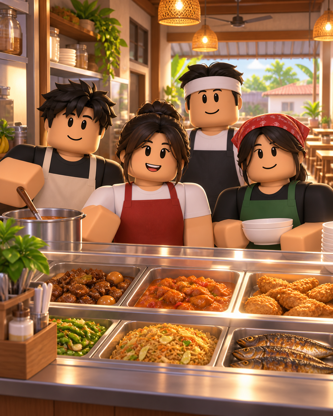 Karinderya restaurant workers gathered behind the counter